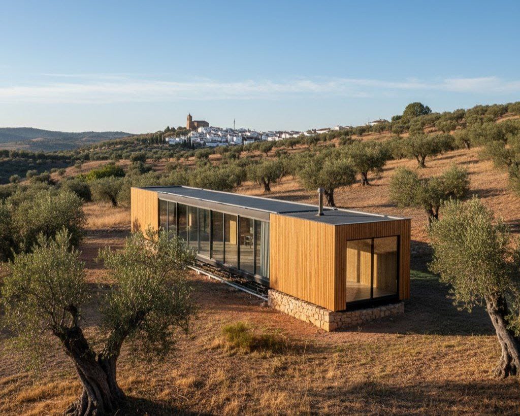 Casa extensible con módulo añadido, en entorno rural español